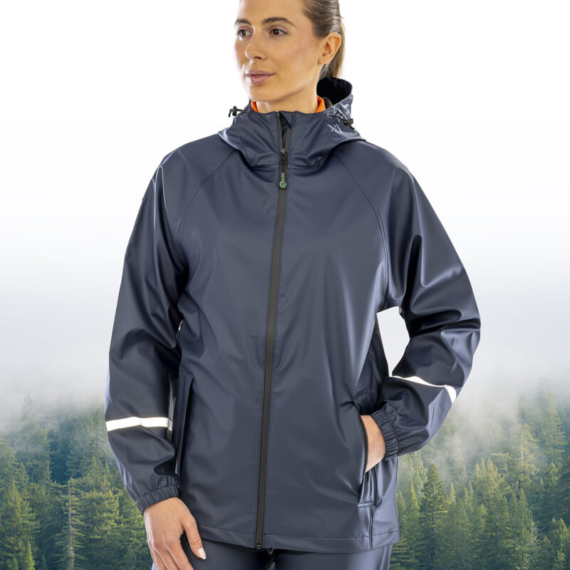 Prism PU waterproof jacket with reflective bands and recycled backing